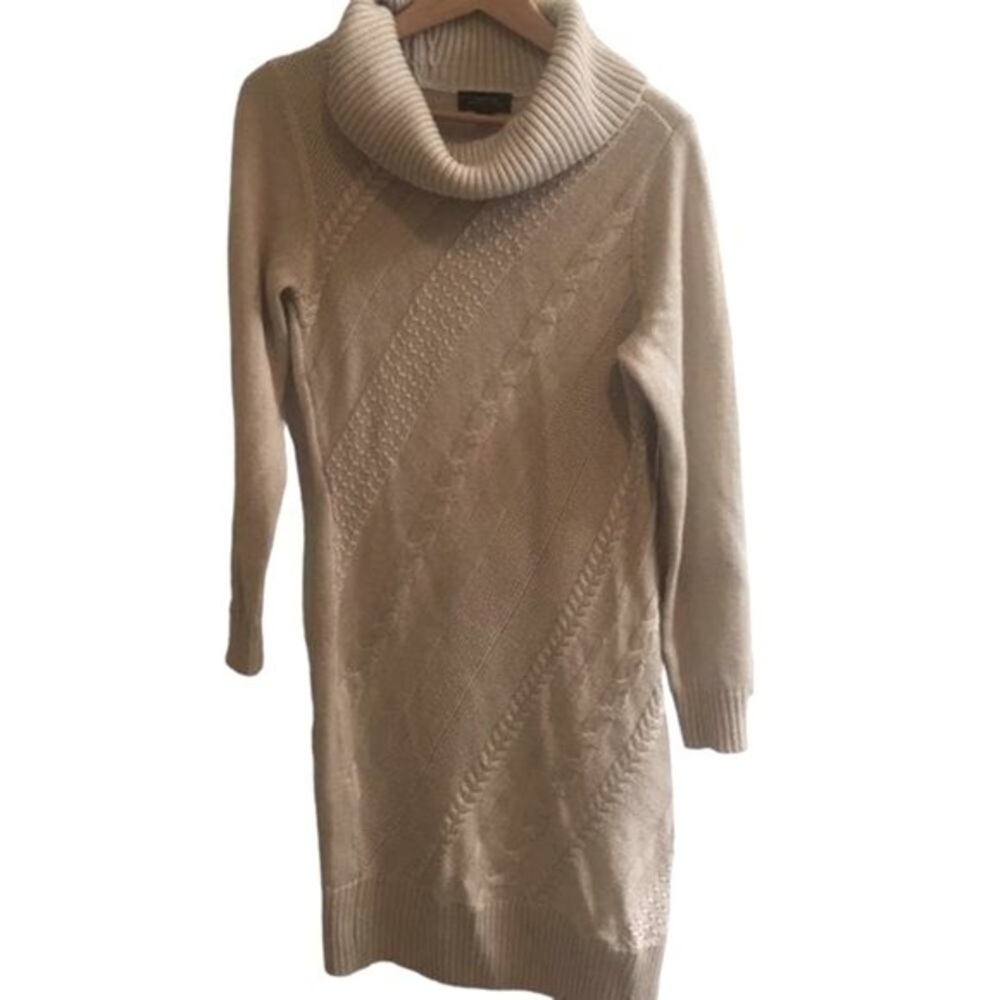 TAHARI Turtleneck Wool Cable Knit‎  Sweater Dress Cream Beige Size Small